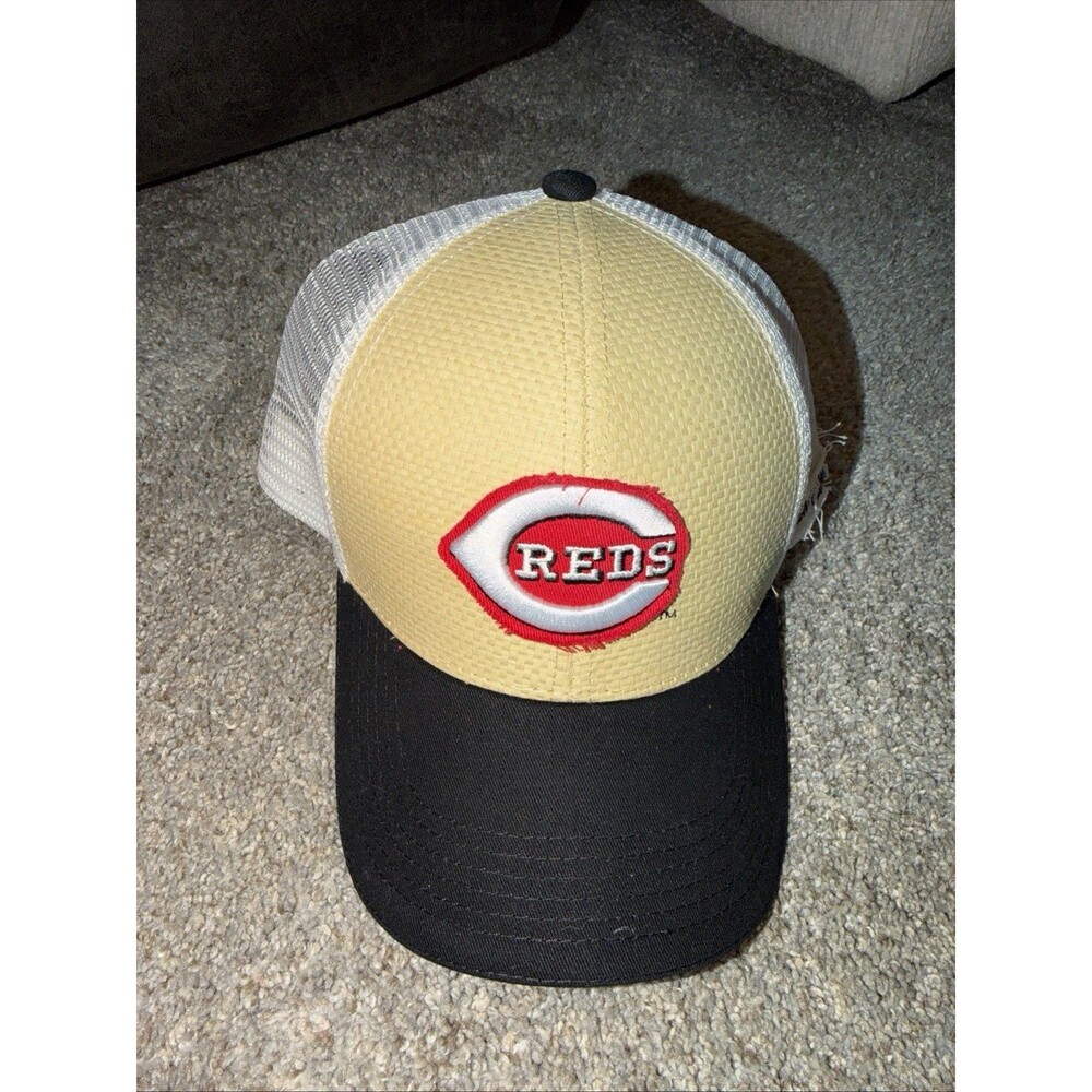MLB Cincinnati Reds Baseball Hat Black Tan Straw Trucker 2022 Stadium Giveaway